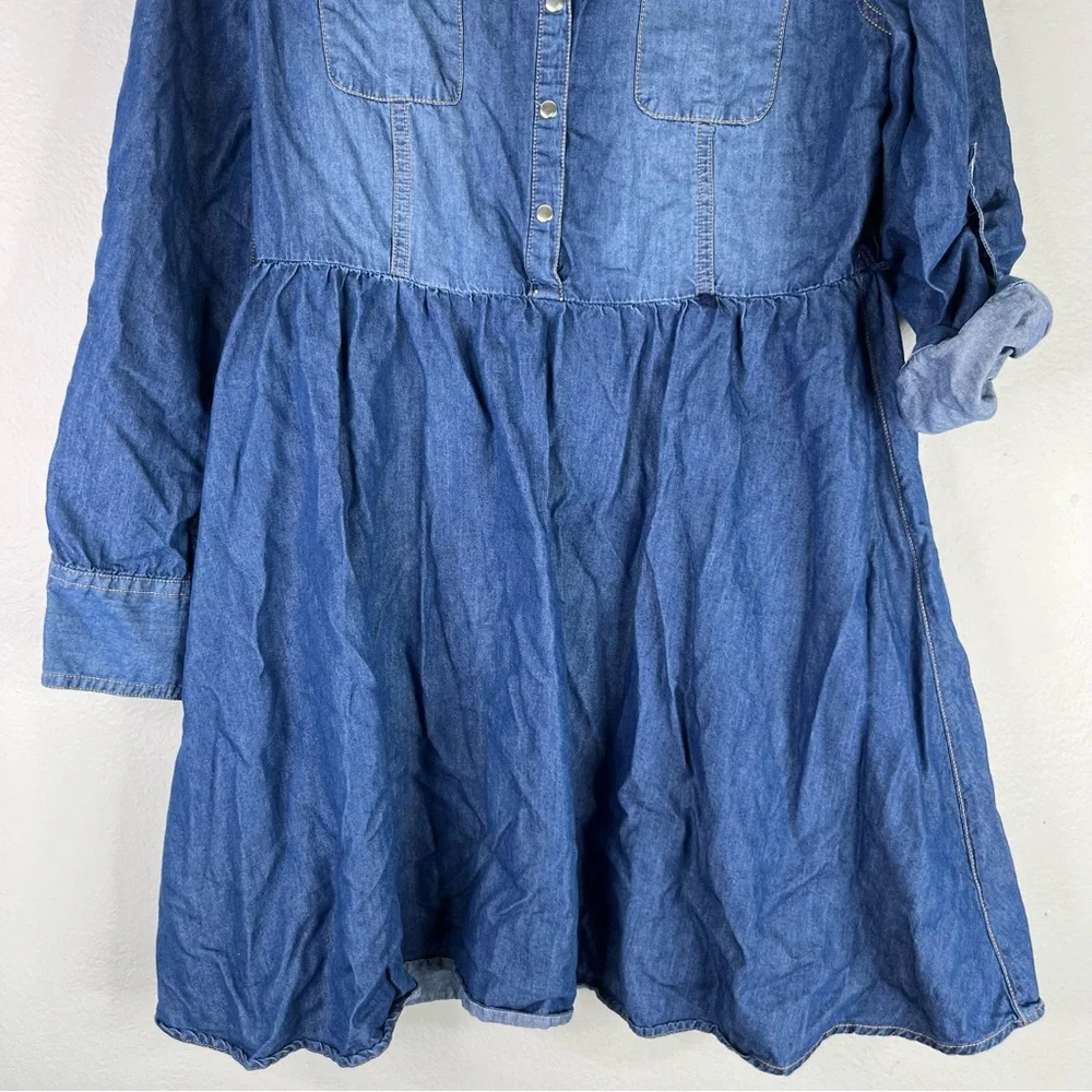 Justice Dress Girls 14/16 Blue Denim Chambray Embellished‎ Collar Roll Up Sleeve